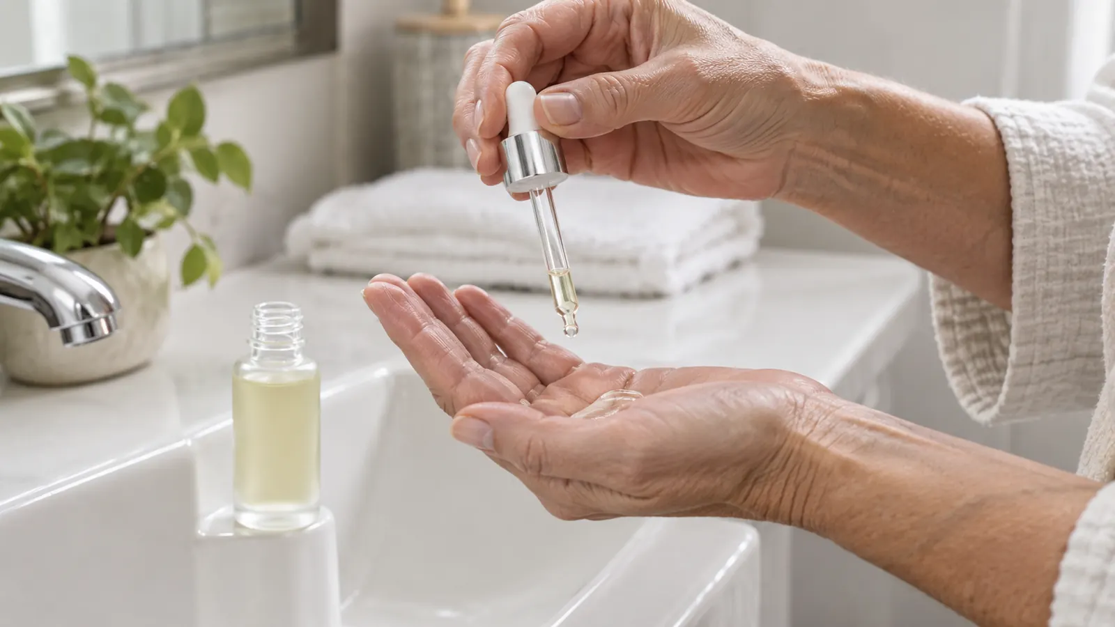 A hand squeezing a few drops of serum from a glass dropper bottle into an open palm above a white bathroom sink