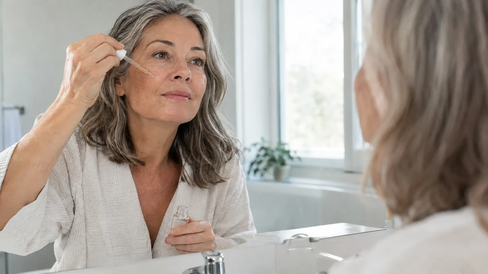 A woman in her late fifties pressing a few drops of serum into her cheek while looking into a bathroom mirror in soft window light