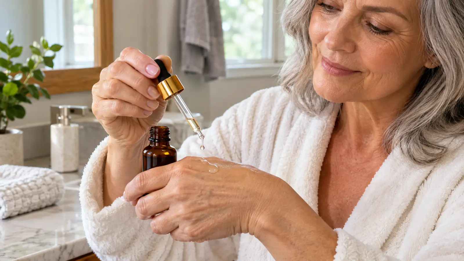 A hand holding an amber glass dropper bottle over a bathroom counter, a few drops of serum on the back of the hand