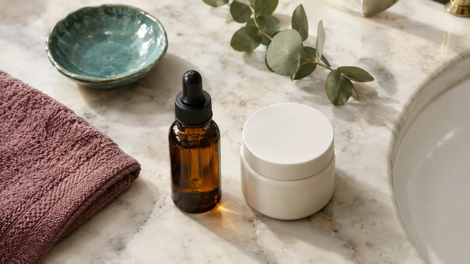 A vitamin C dropper bottle and a vitamin C cream jar side by side on a bathroom counter
